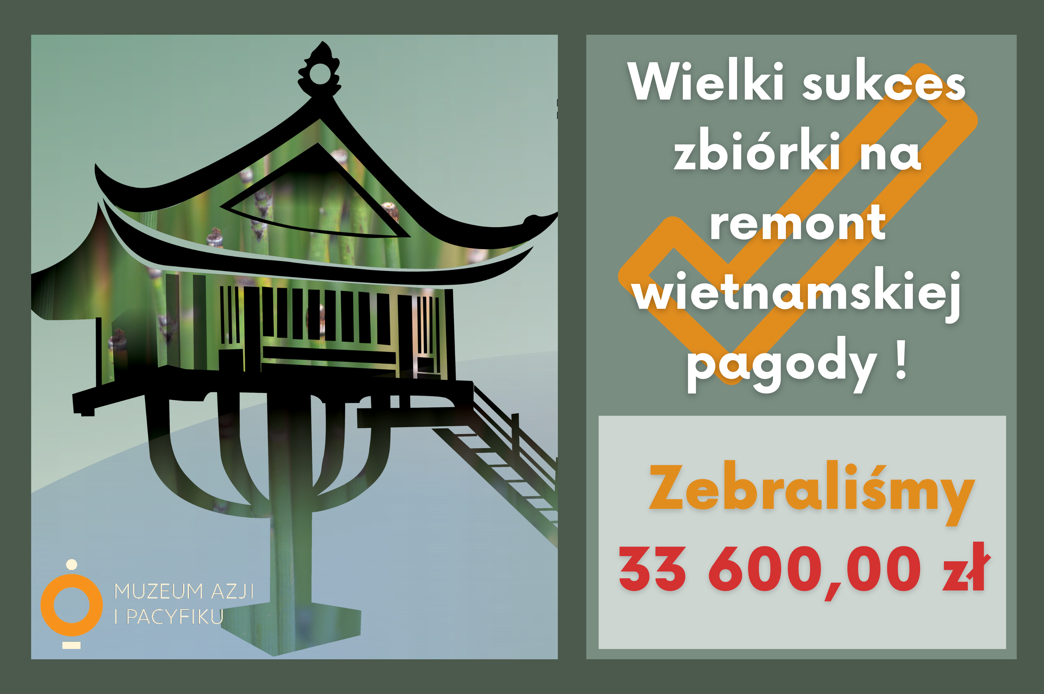 grafika, po lewej pagoda, po prawej napis "Zebraliśmy 33600 zł"